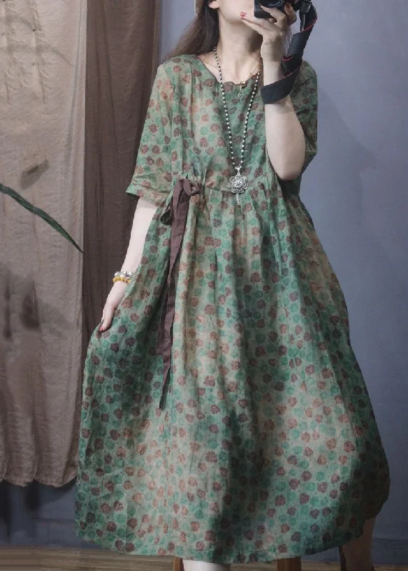 Women Green O-Neck Cinched Print Linen Long Dress Summer Tunics Brand named