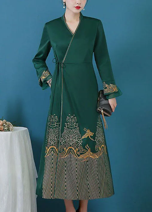 Women Green Tie Waist Print Silk Cinch Dress Fall Tunics Custom made