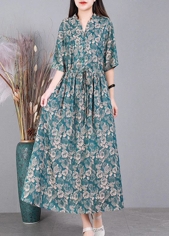 Women Green V Neck Drawstring Print Silk Long Dress Short Sleeve Tunics Modern contemporary Women Green V Neck Drawstring Print Silk Long Dress Short Sleeve Tunics Modern contemporary