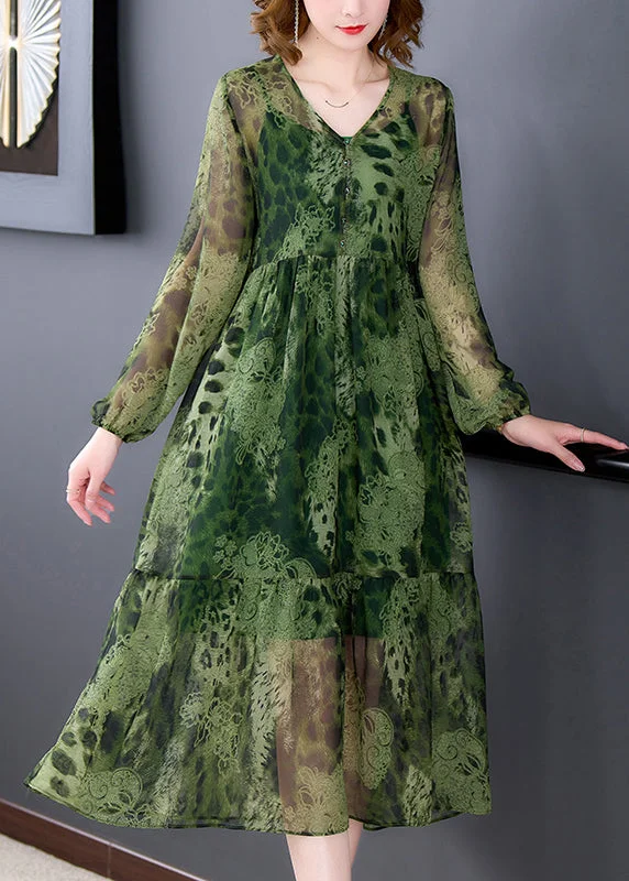 Women Green V Neck Ruffles Print Chiffon Long Dress Two Piece Set Long Sleeve Tunics New arrival Women Green V Neck Ruffles Print Chiffon Long Dress Two Piece Set Long Sleeve Tunics New arrival