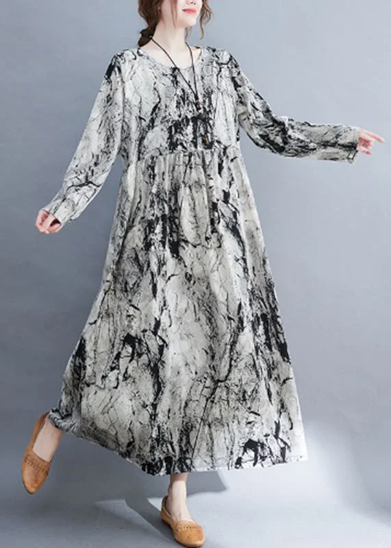 Women Grey O-Neck Patchwork Print Cozy Long Dress Fall Tunics Designer luxury