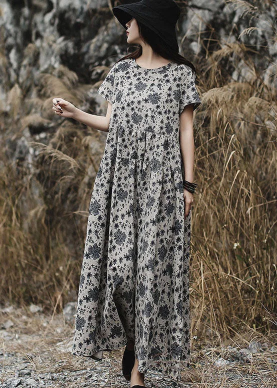 Women Grey O-Neck Print Long Dress Short Sleeve (Limited Stock) Tunics Bestseller popular Women Grey O-Neck Print Long Dress Short Sleeve (Limited Stock) Tunics Bestseller popular