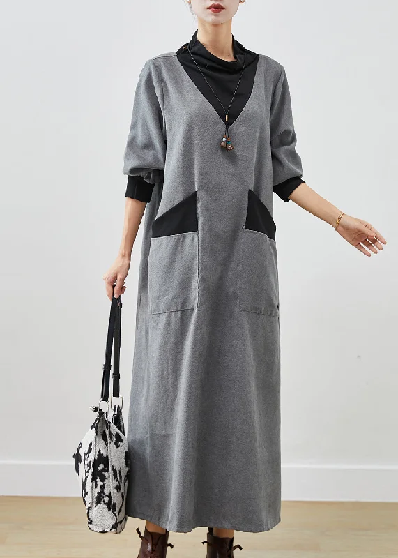 Women Grey Turtle Neck Patchwork Cotton Long Dress Fall Tunics Fall fleece