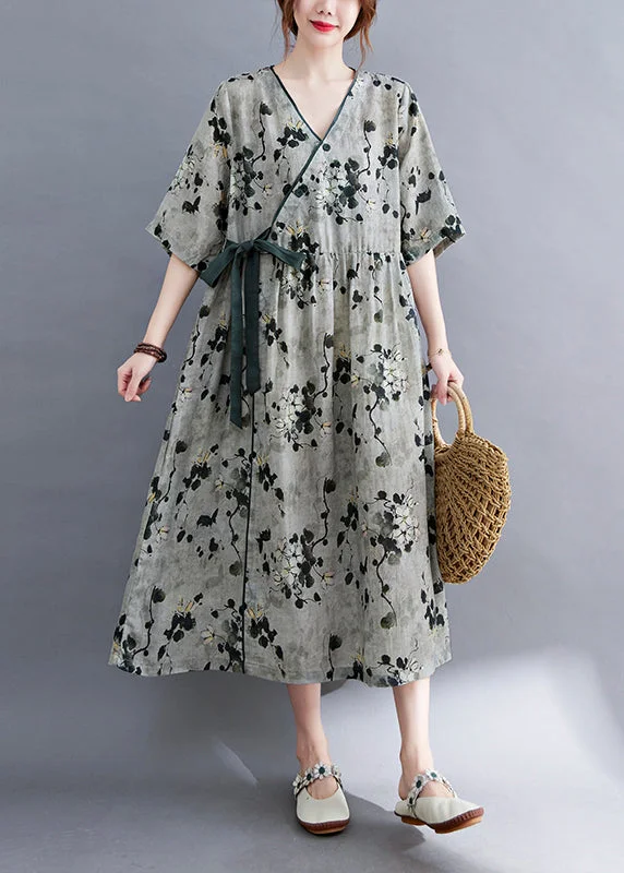 Women Grey V Neck Print Linen Long Dress Short Sleeve Tunics Sale discount