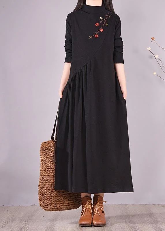 Women High Neck Cinched Spring Clothes Tutorials Black Embroidery Long Dresses Tunics Spring floral Women High Neck Cinched Spring Clothes Tutorials Black Embroidery Long Dresses Tunics Spring floral