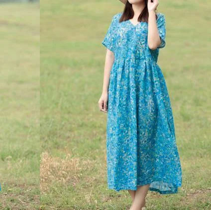 Women high waist linen clothes Sewing blue Dress summer Tunics Summer linen
