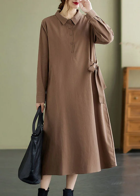 Women Khaki Peter Pan Collar tie waist Cotton Dresses Spring Tunics Occasion special Women Khaki Peter Pan Collar tie waist Cotton Dresses Spring Tunics Occasion special