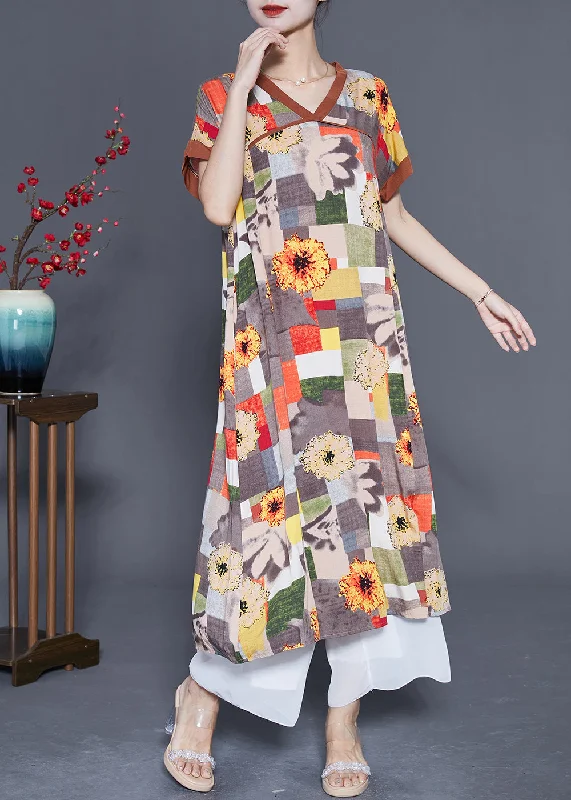 Women Khaki V Neck Patchwork Print Cotton Long Dress Summer Tunics Ceremony elegant
