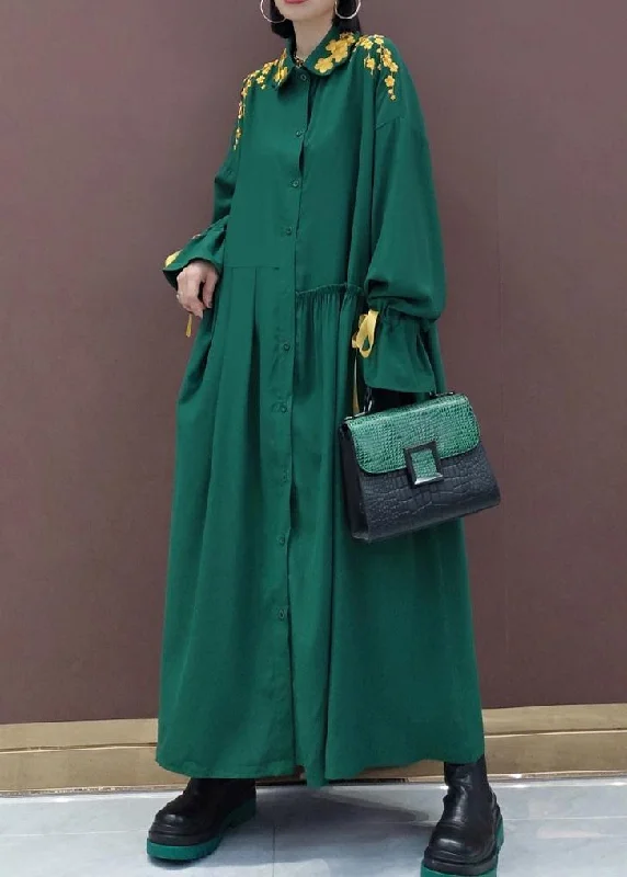 Women Lapel Cinched Spring Fashion Ideas Green Embroidery Long Dresses Tunics Winter warm Women Lapel Cinched Spring Fashion Ideas Green Embroidery Long Dresses Tunics Winter warm