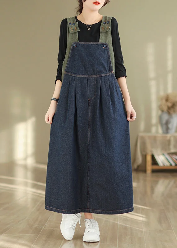 Women Navy Button Wrinkled Denim Long Dress Sleeveless Tunics Office stylish