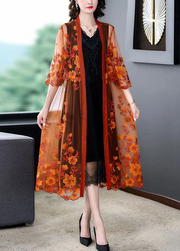 Women Orange Embroideried Patchwork Tulle Long Dresses Summer Tunics Party sparkling Women Orange Embroideried Patchwork Tulle Long Dresses Summer Tunics Party sparkling