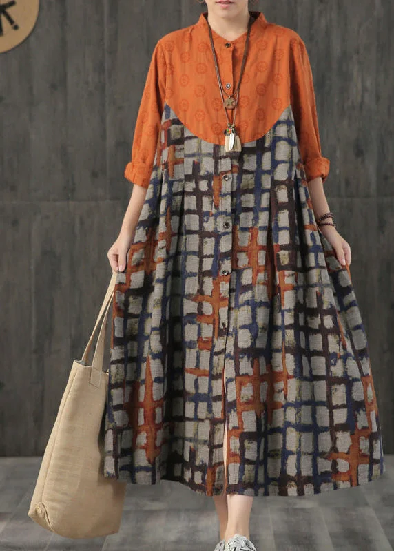 Women Orange Stand Collar Plaid Cotton Long Dress Spring Tunics Wedding white