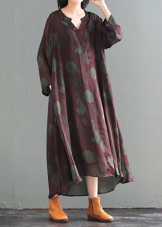 Women Oversized Chinese Button Print Silk Long Dress Fall Tunics Evening elegant