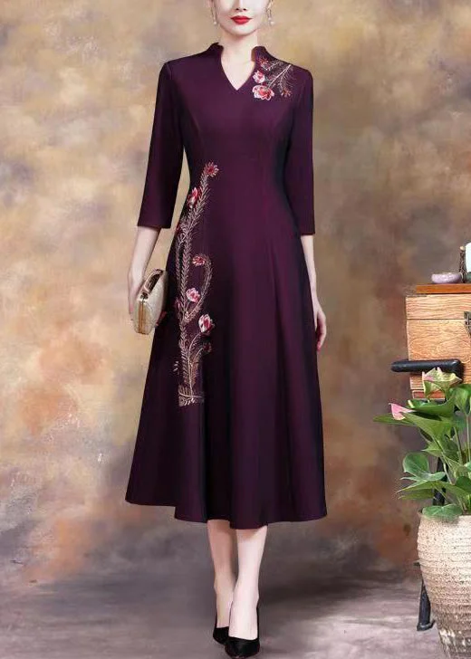 Women Purple Embroideried Sequins Cotton Long Dress Fall Tunics Leisure comfortable