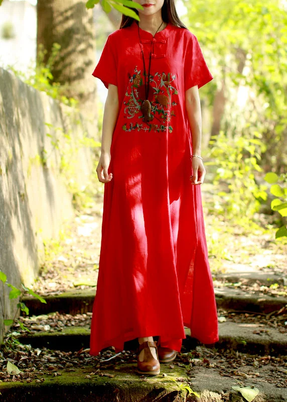 Women Red Mandarin Collar side open Embroideried Long Dress Short Sleeve Tunics Hiking breathable Women Red Mandarin Collar side open Embroideried Long Dress Short Sleeve Tunics Hiking breathable