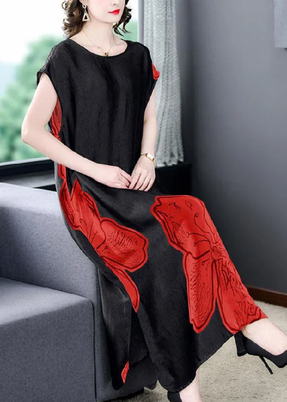 Women Red O Neck Print Side Open Patchwork Silk Long Dresses Summer Tunics Gym athletic Women Red O Neck Print Side Open Patchwork Silk Long Dresses Summer Tunics Gym athletic
