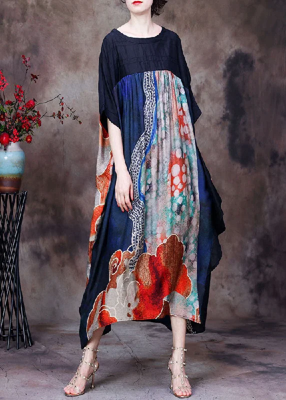 Women Red Print O-Neck Patchwork Silk Loose Long Dress Batwing Sleeve Tunics Chinos classic Women Red Print O-Neck Patchwork Silk Loose Long Dress Batwing Sleeve Tunics Chinos classic