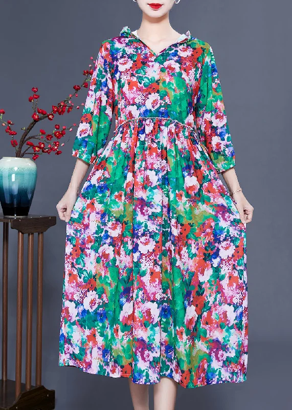 Women Slim Fit Hooded Ruffled Print Silk Long Dresses Summer Tunics Denim casual