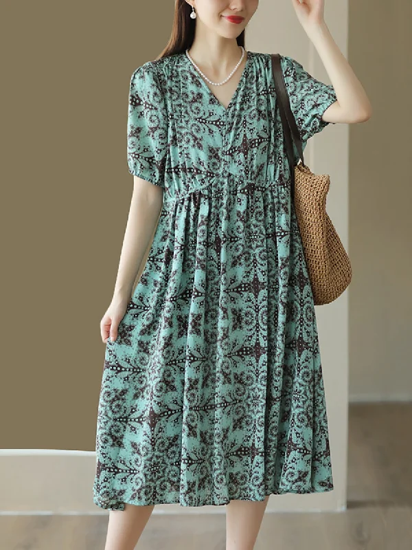 Women Summer Artsy Flower V-Neck High Waist Dress Tunics stripes playful