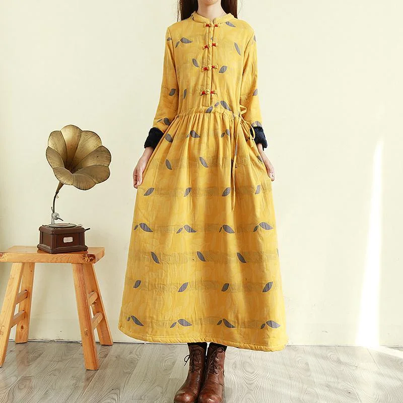 Women tie waist linen winter clothes Online Shopping yellow prints Dress Tunics Silk luxurious
