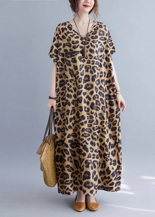 Women V Neck Leopard Print Silk Long Dresses Summer Tunics Plaid country
