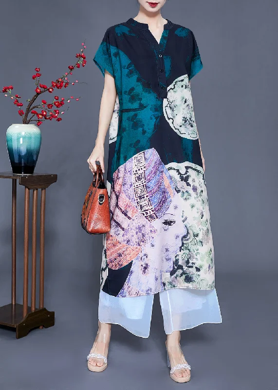 Women V Neck Original Design Print Silk Long Dress Summer Tunics Polka dots