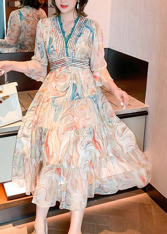 Women V Neck Print Patchwork Silk Long Dress Summer Turtleneck Neckline Stylish