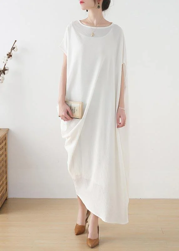 Women White asymmetrical design Linen Summer Long Dresses Tunics Solid Classic