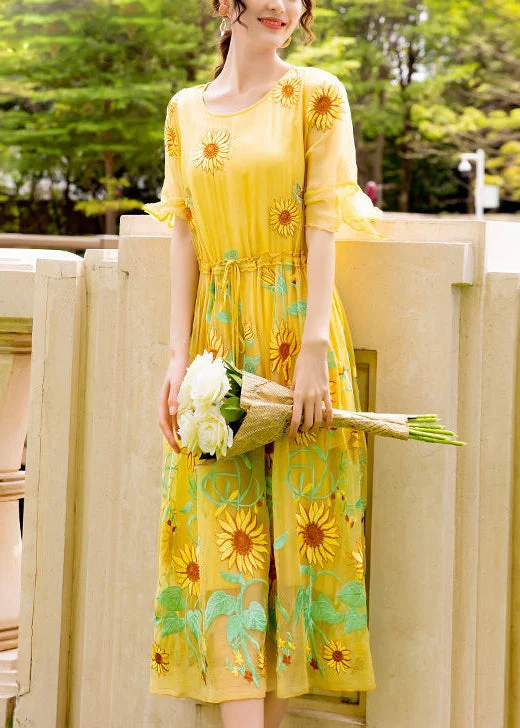 Women Yellow Daisy Embroidered Tie Waist Silk Vacation Dresses Flare Sleeve Tunic Top Casual Women Yellow Daisy Embroidered Tie Waist Silk Vacation Dresses Flare Sleeve Tunic Top Casual