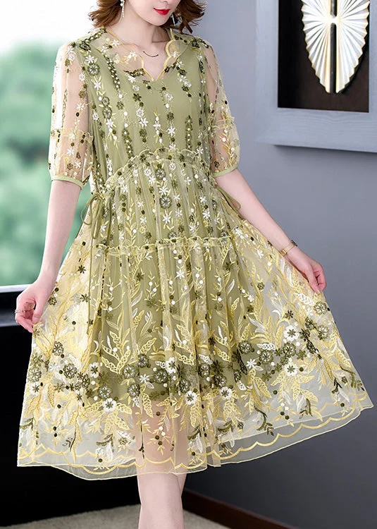Women Yellow Embroideried Tulle Vacation Long Dresses Summer Tunics Print Colorful