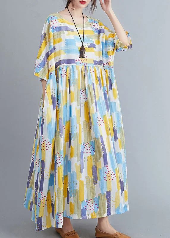 Women Yellow O-Neck Print Long Dress Spring Tunics Short Trendy