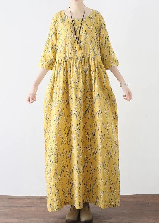 Yellow High Waist Print Loose Half Sleeve Cotton Linen Dress Turtleneck Warm Winter