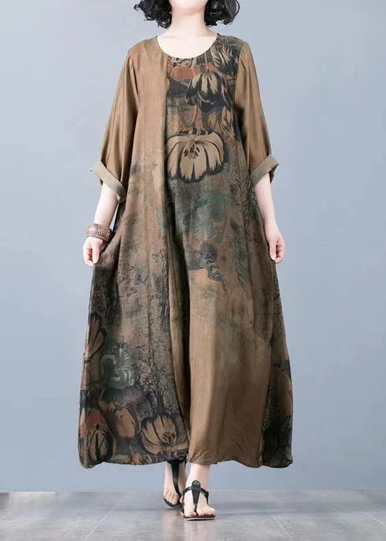 Yellow Patchwork Loose Silk Long Dresses Draping Three Quarter sleeve sweetheart Neckline Romantic Yellow Patchwork Loose Silk Long Dresses Draping Three Quarter sleeve sweetheart Neckline Romantic