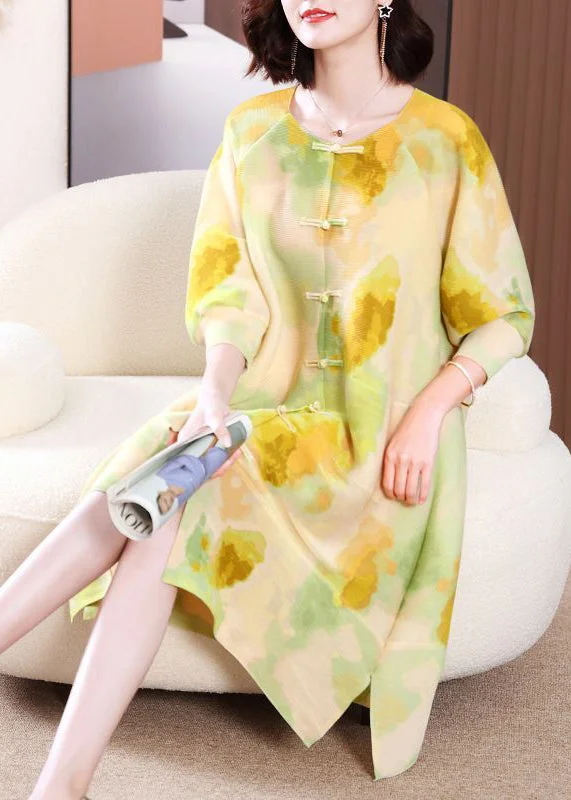 Yellow Print Long Dresses Chinese Button Side Open Summer Crew Neckline Casual