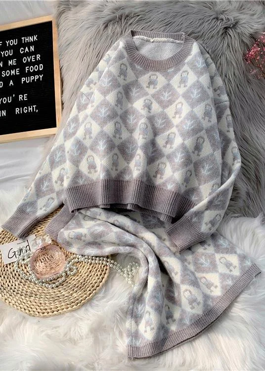 2024 autumn and winter new fashion temperament cartoon pattern sweater set round neck sweater half skirt two-piece set Fitted Loose Oversized 2024 autumn and winter new fashion temperament cartoon pattern sweater set round neck sweater half skirt two-piece set Fitted Loose Oversized