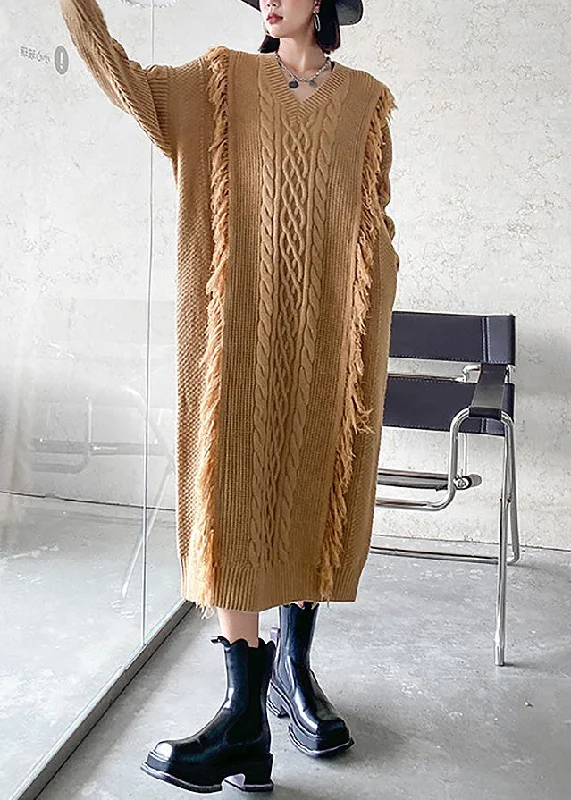 Art Khaki V Neck Cozy Thick Knit Long Sweaters Dress Winter Herringbone Houndstooth Plaid Art Khaki V Neck Cozy Thick Knit Long Sweaters Dress Winter Herringbone Houndstooth Plaid