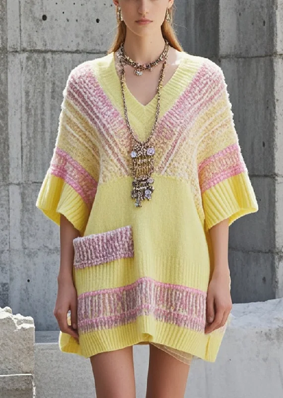 Art Yellow Oversized Patchwork Knit Long Sweater Short Sleeve Chenille Brocade Lace