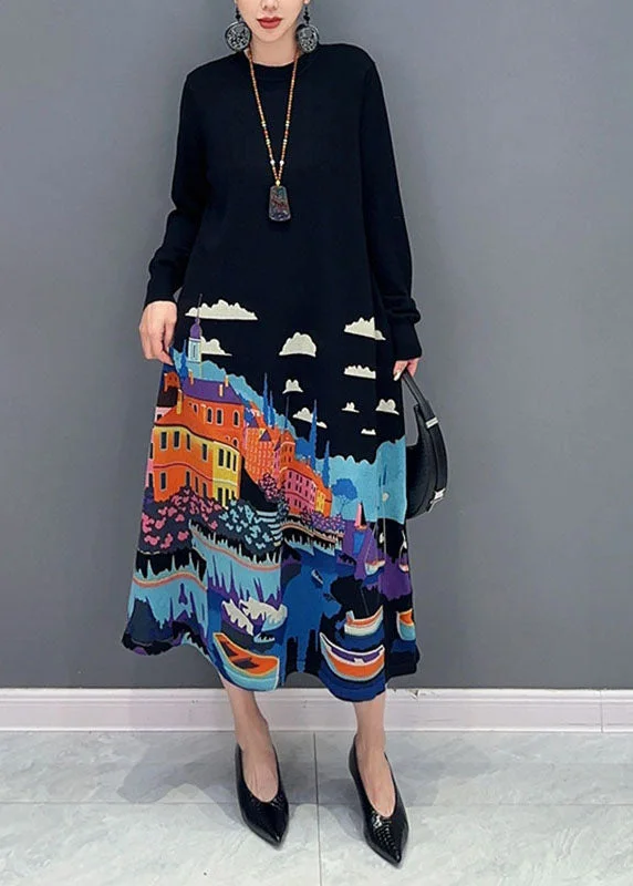 Beautiful Black O-Neck Print Knit Long Sweater Dresses Fall Oversized Loose Flowy