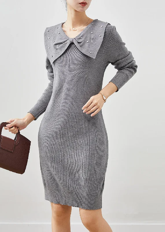 Beautiful Grey Butterfly Collar Silm Fit Knit Sweater Dress Spring Mesh Blend Leather Blend Suede Blend Beautiful Grey Butterfly Collar Silm Fit Knit Sweater Dress Spring Mesh Blend Leather Blend Suede Blend
