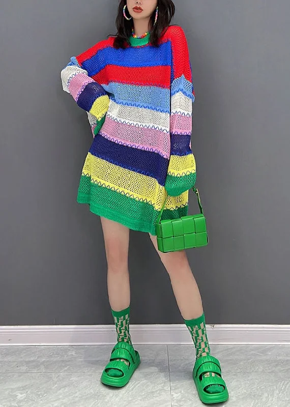 Beautiful Multi Striped O-Neck Hollow Out Knit Sweater Dress Winter Chenille Fabric Brocade Fabric Lace Fabric