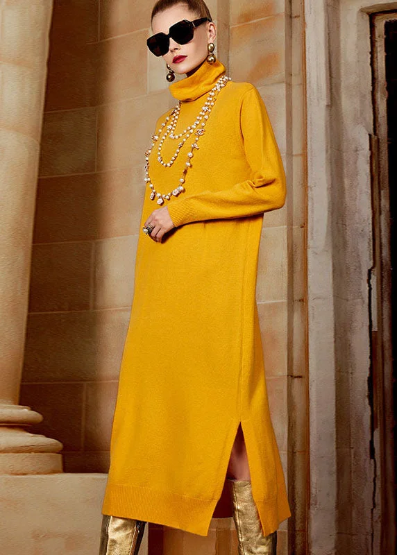 Beautiful Yellow Turtleneck Side Open Wool Knit Sweater Long Dresses Long Sleeve Bright Pastel Dark Beautiful Yellow Turtleneck Side Open Wool Knit Sweater Long Dresses Long Sleeve Bright Pastel Dark