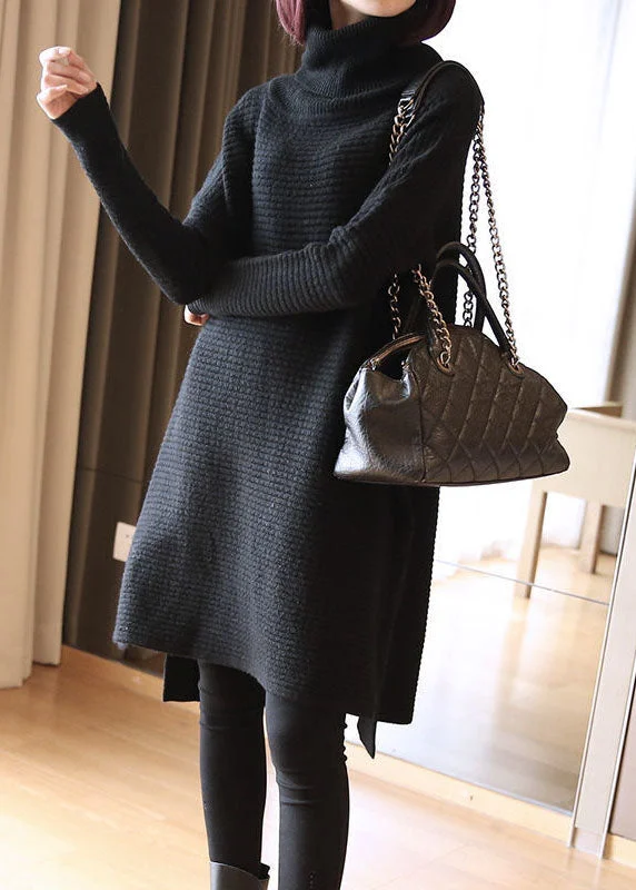 Black Loose Knit Long Sweater Turtle Neck Side Open Spring Thin Thick Dense
