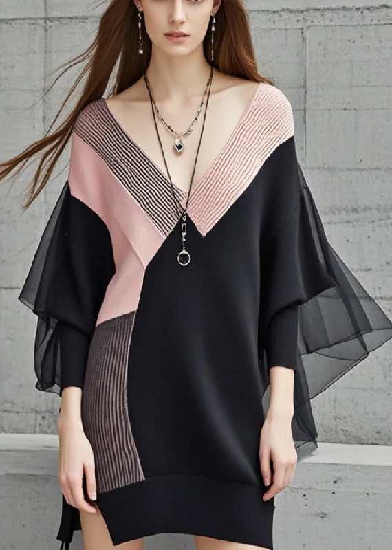 Black Patchwork Tulle Long Sweater V Neck Batwing Sleeve Terry Terry Cloth Terry Knit Black Patchwork Tulle Long Sweater V Neck Batwing Sleeve Terry Terry Cloth Terry Knit