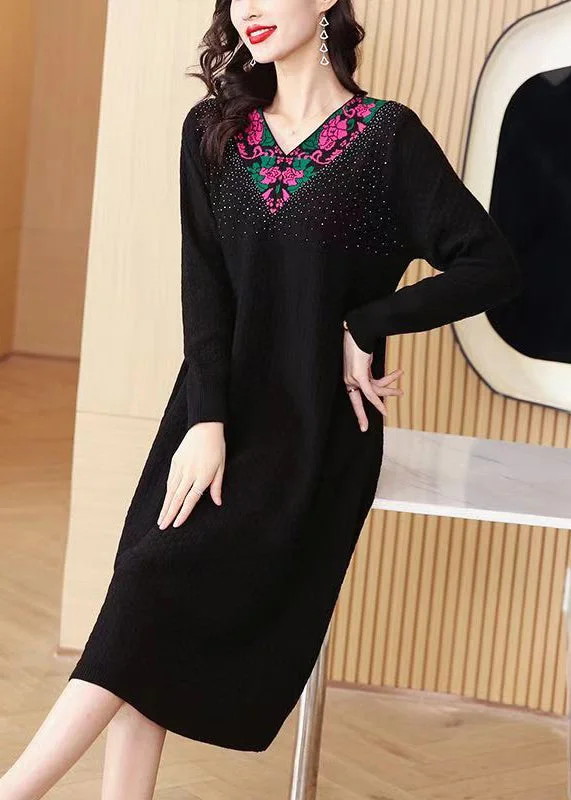 Black Zircon Patchwork Knit Winter Sweater Dress V Neck Hooded Sweater Collared Sweater Shawl Collar Black Zircon Patchwork Knit Winter Sweater Dress V Neck Hooded Sweater Collared Sweater Shawl Collar