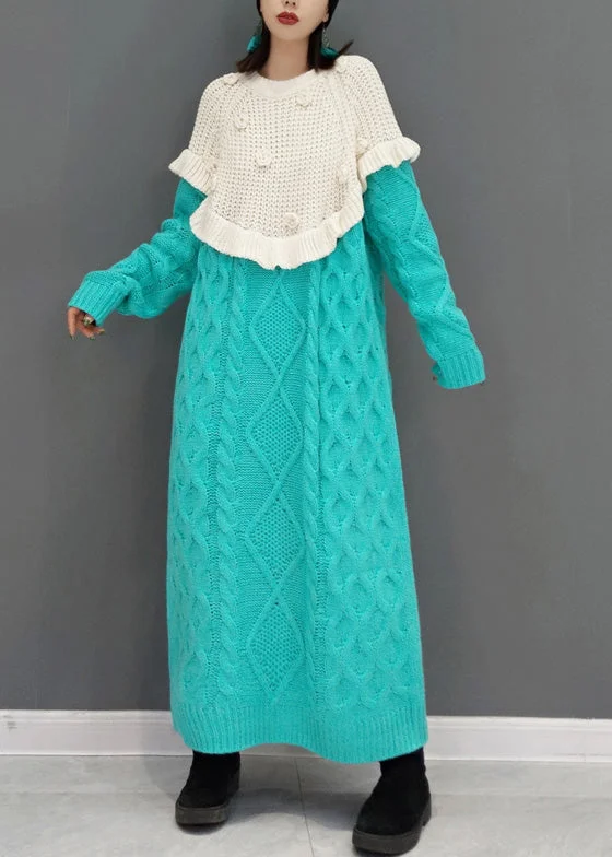 Blue O-Neck Patchwork Cozy Knit Sweater Dress Winter Houndstooth Herringbone Solid