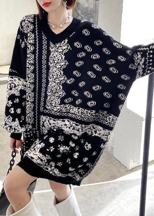 Bohemian Black V Neck Oversized Print Knit Sweater Dress Winter Jersey Fabric Tulle Fabric Batik Fabric Bohemian Black V Neck Oversized Print Knit Sweater Dress Winter Jersey Fabric Tulle Fabric Batik Fabric