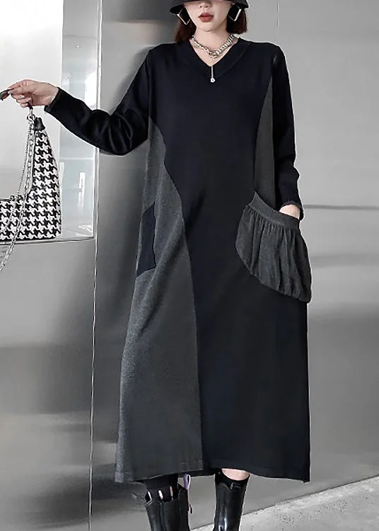Bohemian Black V Neck Patchwork Cozy Knit Long Sweater Dress Winter Cashmere Blend Cotton Blend Poly Blend Bohemian Black V Neck Patchwork Cozy Knit Long Sweater Dress Winter Cashmere Blend Cotton Blend Poly Blend