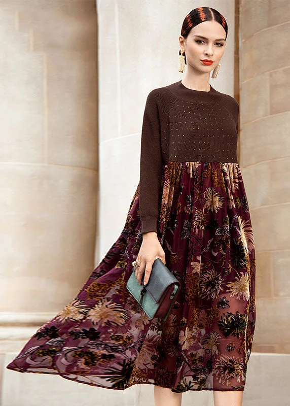 Bohemian Chocolate O-Neck Wrinkled Print Patchwork Knit Sweater Dress Fall Glossy Satin Silk Bohemian Chocolate O-Neck Wrinkled Print Patchwork Knit Sweater Dress Fall Glossy Satin Silk