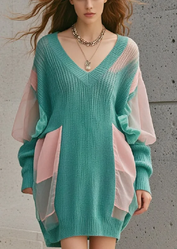 Boho Green Oversized Patchwork Tulle Long Sweater Fall Mesh Sweater Canvas Denim