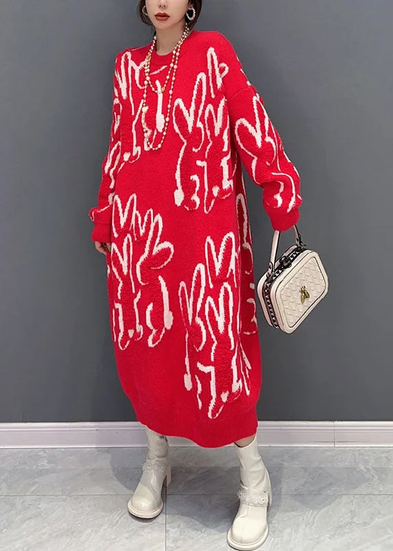Boho Red O Neck Animal Jacquard Knit Sweater Dress Winter Fitted Loose Oversized